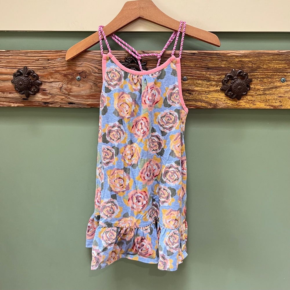 Matilda Jane Girls Blue Pink Floral Rose Braided Strap Ruffle Dress Size 8